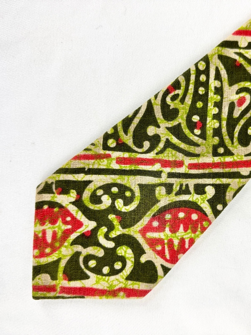 Vintage Batik Necktie Handmade Tie Barkcloth Orange and Green Mid Century Modern